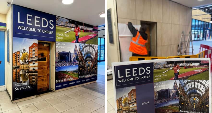 A collage of the Leeds sign installation.